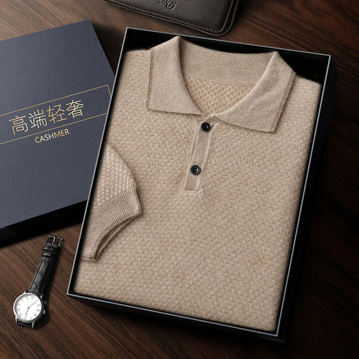 Short-Sleeved Cashmere Knit Polo Shirt