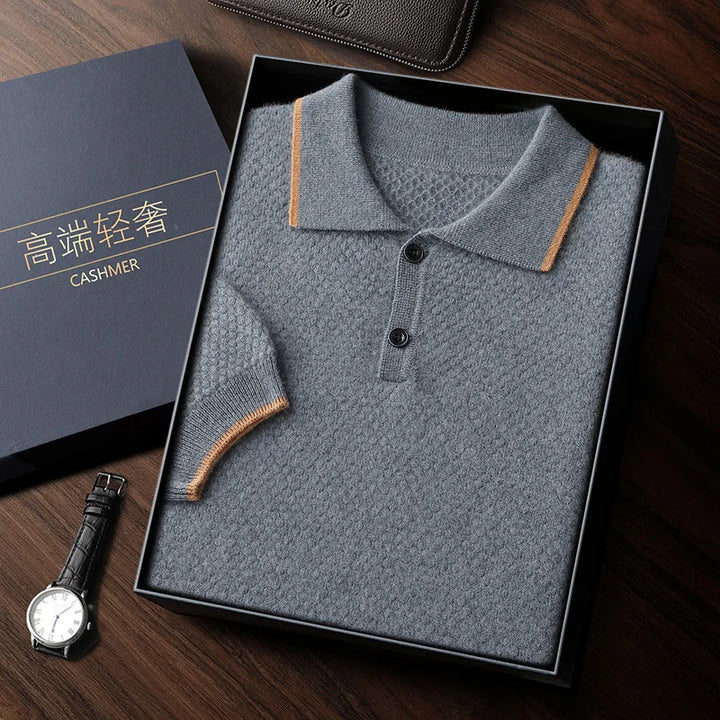 Short-Sleeved Cashmere Knit Polo Shirt