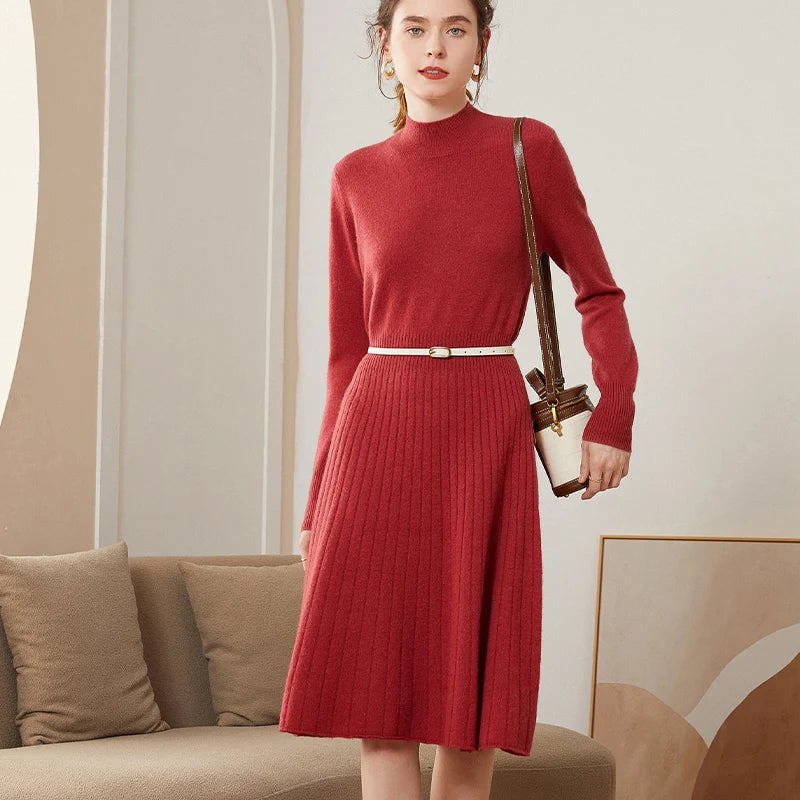  Cashmere Pleated Turtleneck Dress