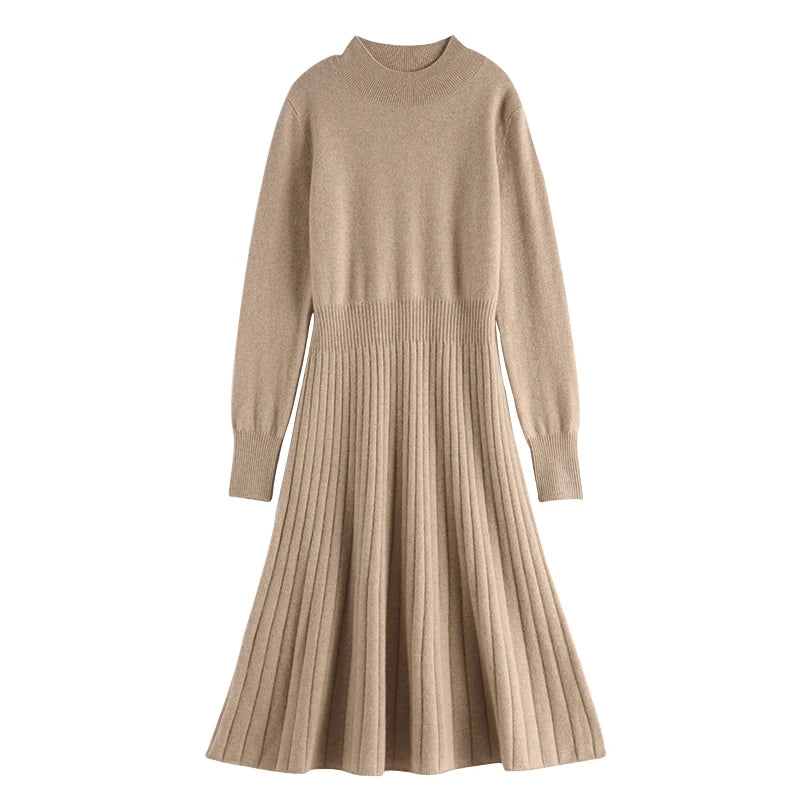  Cashmere Pleated Turtleneck Dress