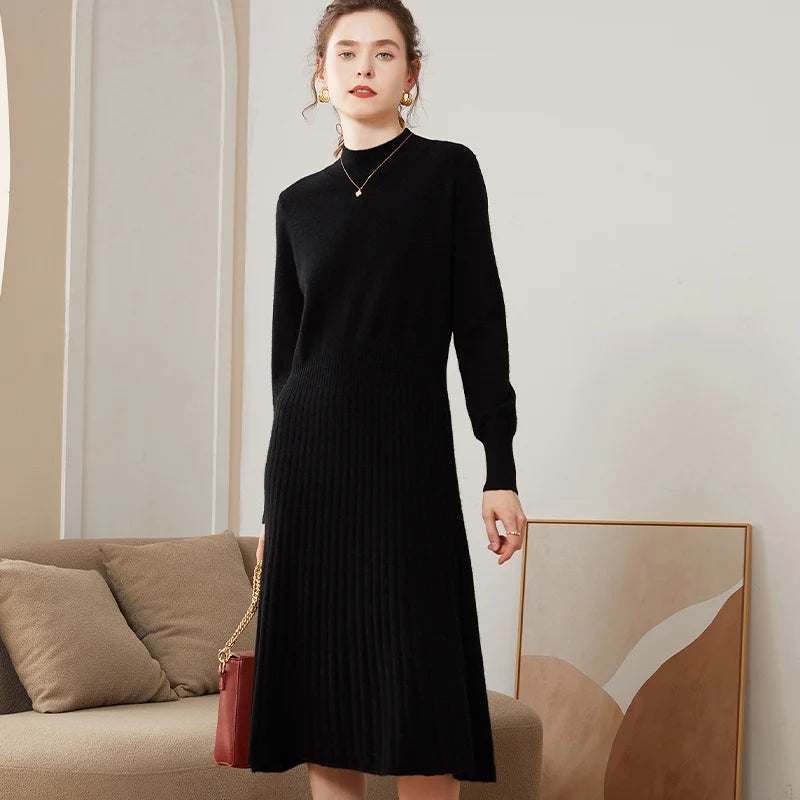  Cashmere Pleated Turtleneck Dress