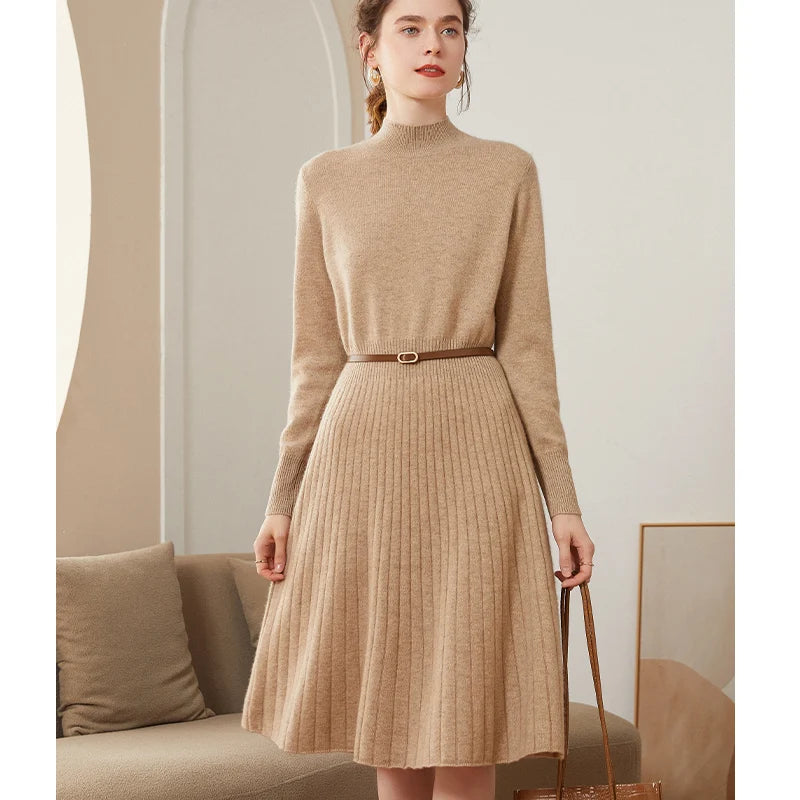  Cashmere Pleated Turtleneck Dress