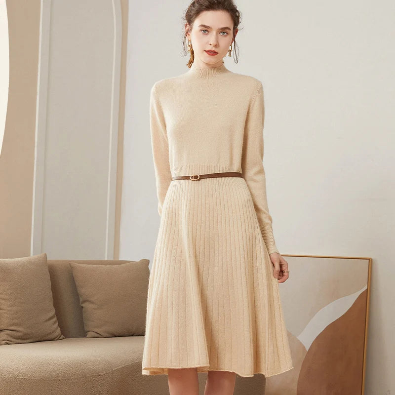  Cashmere Pleated Turtleneck Dress
