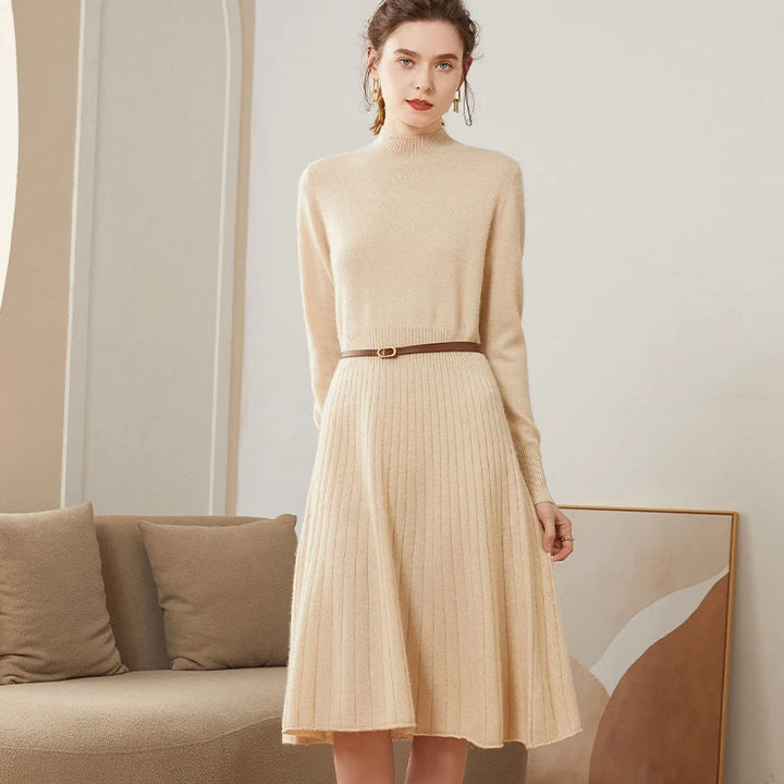  Cashmere Pleated Turtleneck Dress
