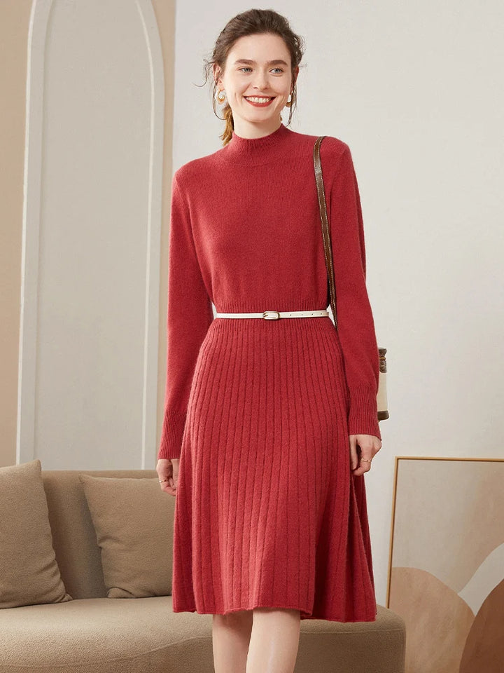  Cashmere Pleated Turtleneck Dress