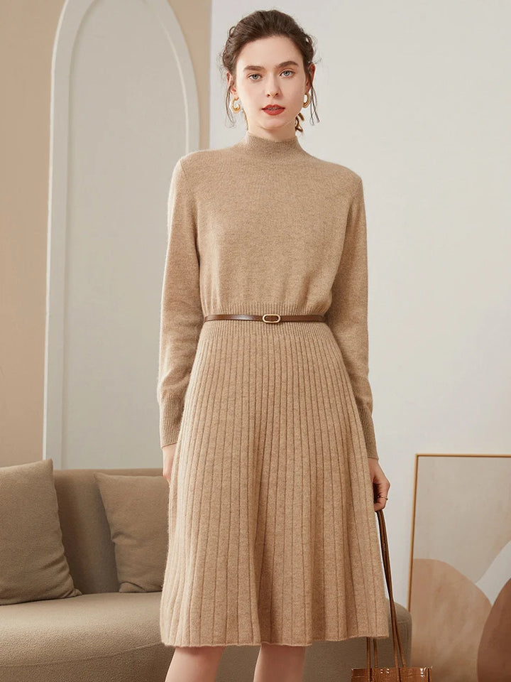  Cashmere Pleated Turtleneck Dress