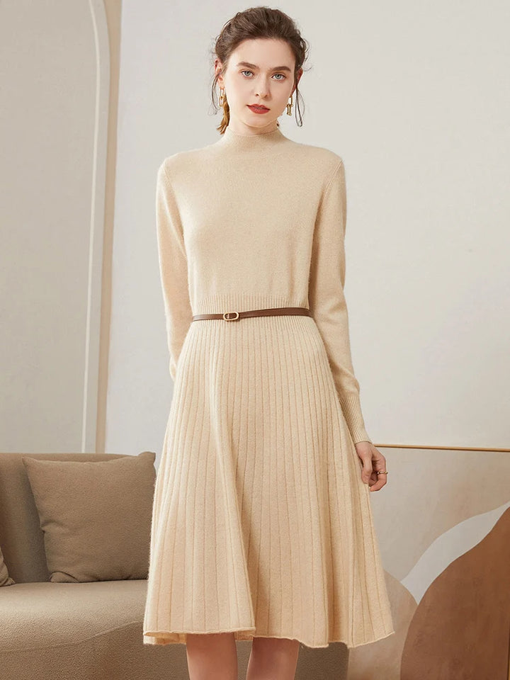  Cashmere Pleated Turtleneck Dress