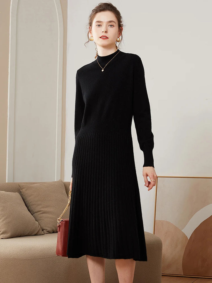  Cashmere Pleated Turtleneck Dress