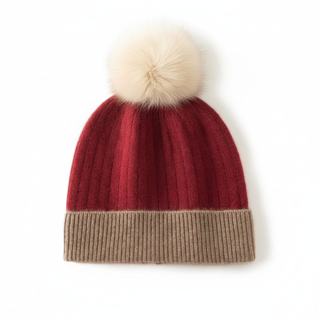 Cashmere Pom-Pom Ribbed Beanie