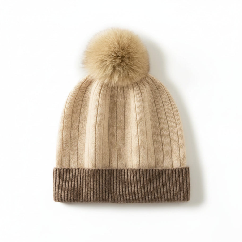 Cashmere Pom-Pom Ribbed Beanie