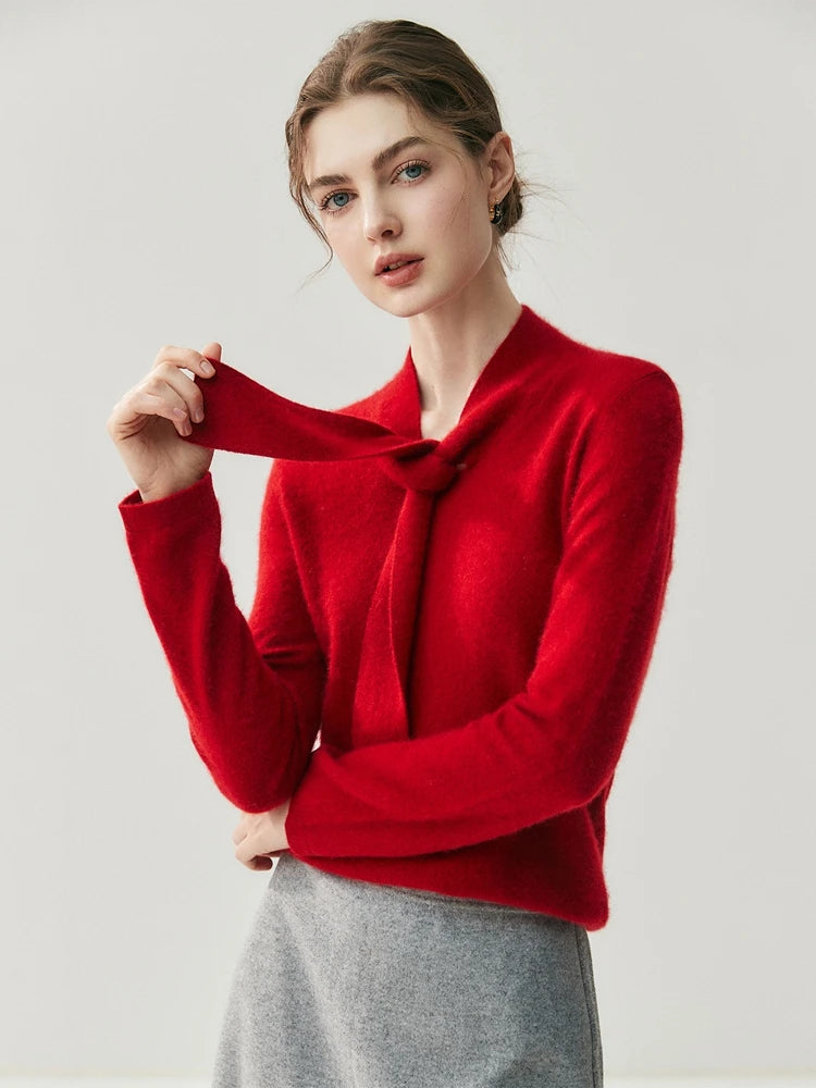 Cashmere Ribbon Tie Neck Knit Sweater