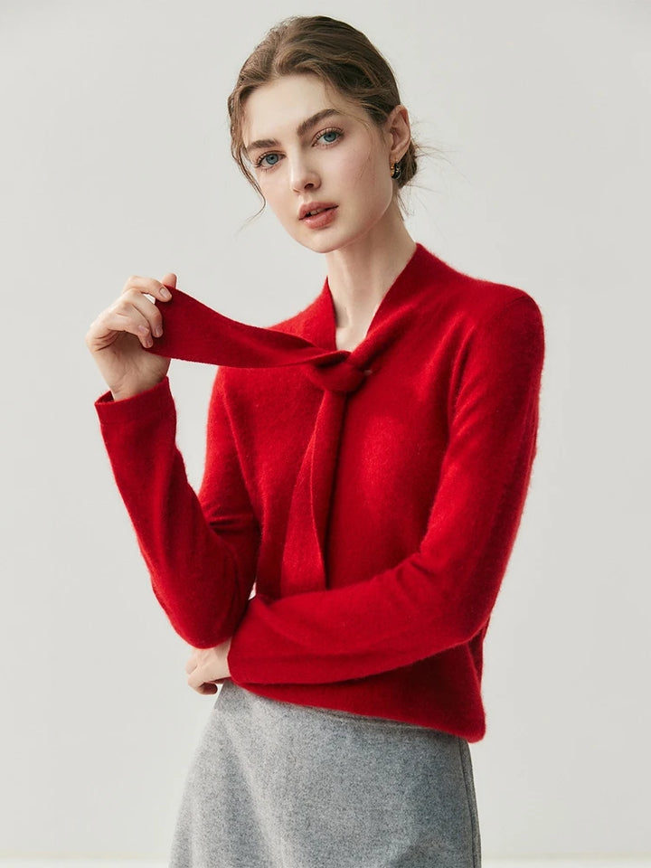 Cashmere Ribbon Tie Neck Knit Sweater