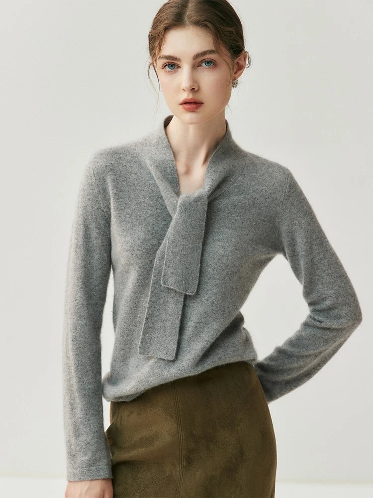 Cashmere Ribbon Tie Neck Knit Sweater