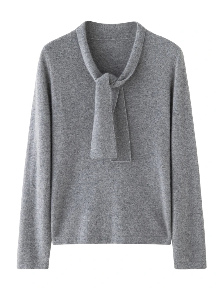 Cashmere Ribbon Tie Neck Knit Sweater