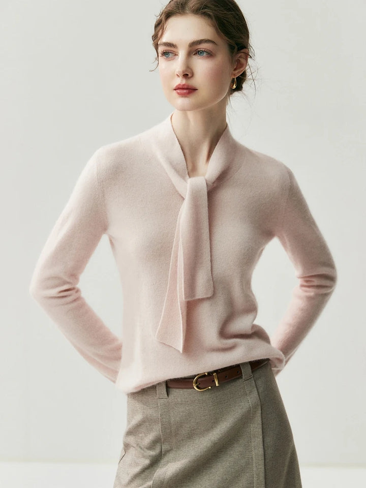Cashmere Ribbon Tie Neck Knit Sweater