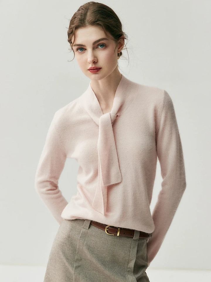 Cashmere Ribbon Tie Neck Knit Sweater