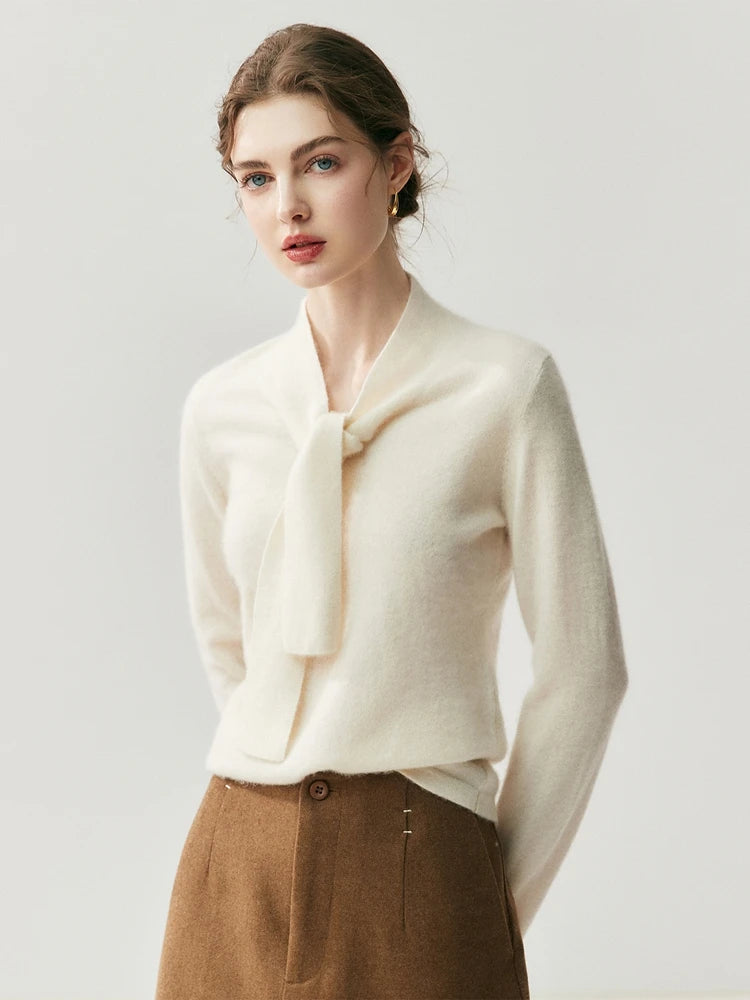 Cashmere Ribbon Tie Neck Knit Sweater