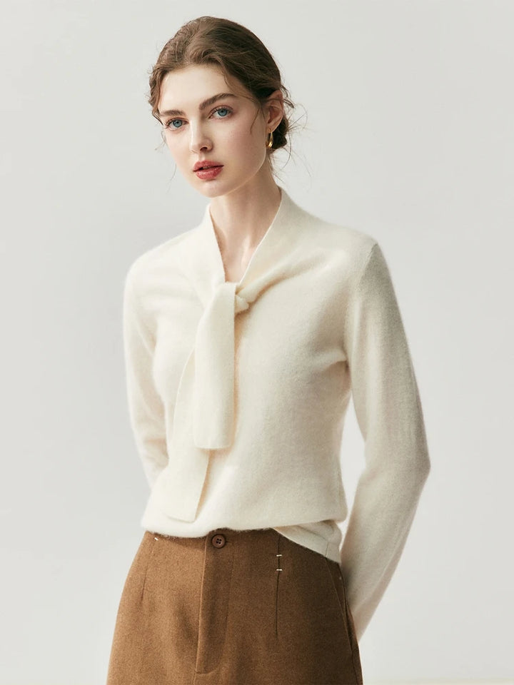 Cashmere Ribbon Tie Neck Knit Sweater