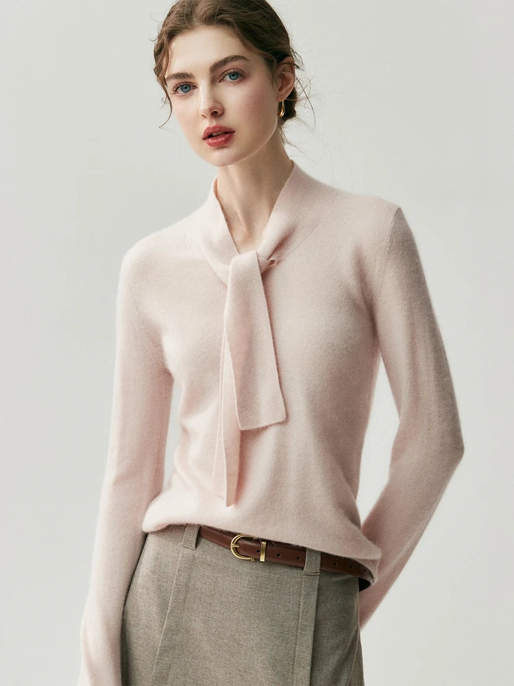 Cashmere Ribbon Tie Neck Knit Sweater