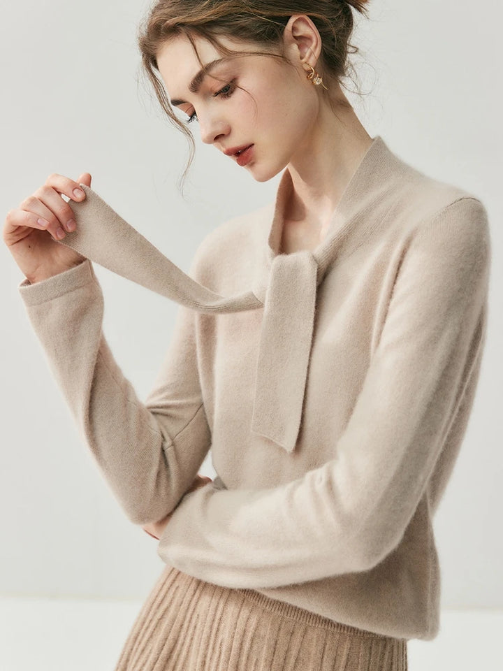 Cashmere Ribbon Tie Neck Knit Sweater