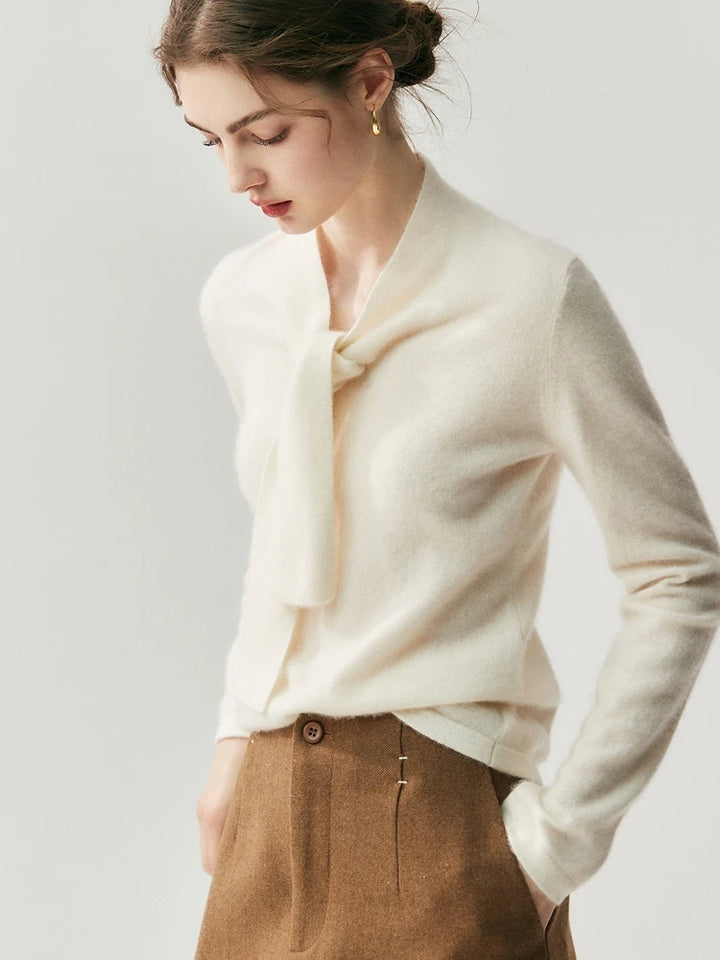 Cashmere Ribbon Tie Neck Knit Sweater