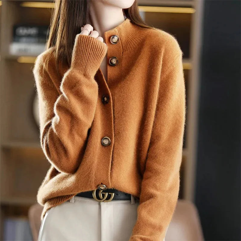 Cashmere Stand-Collar Button Cardigan