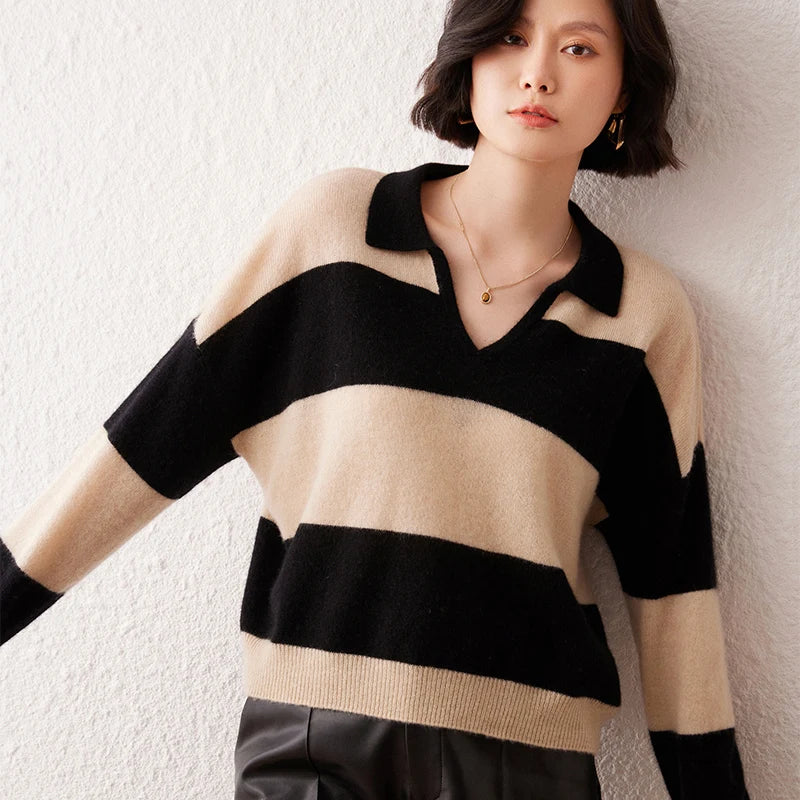 Cashmere Striped Polo Sweater