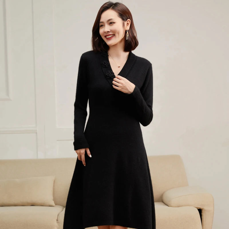 Cashmere V-Neck Knit Dress