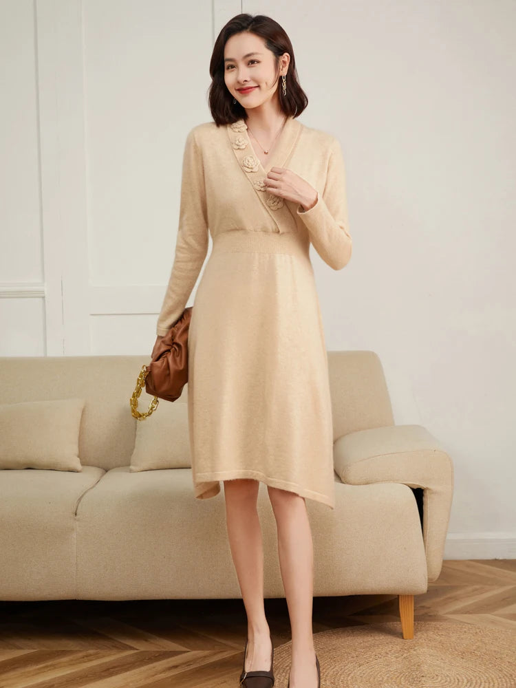 Cashmere V-Neck Knit Dress