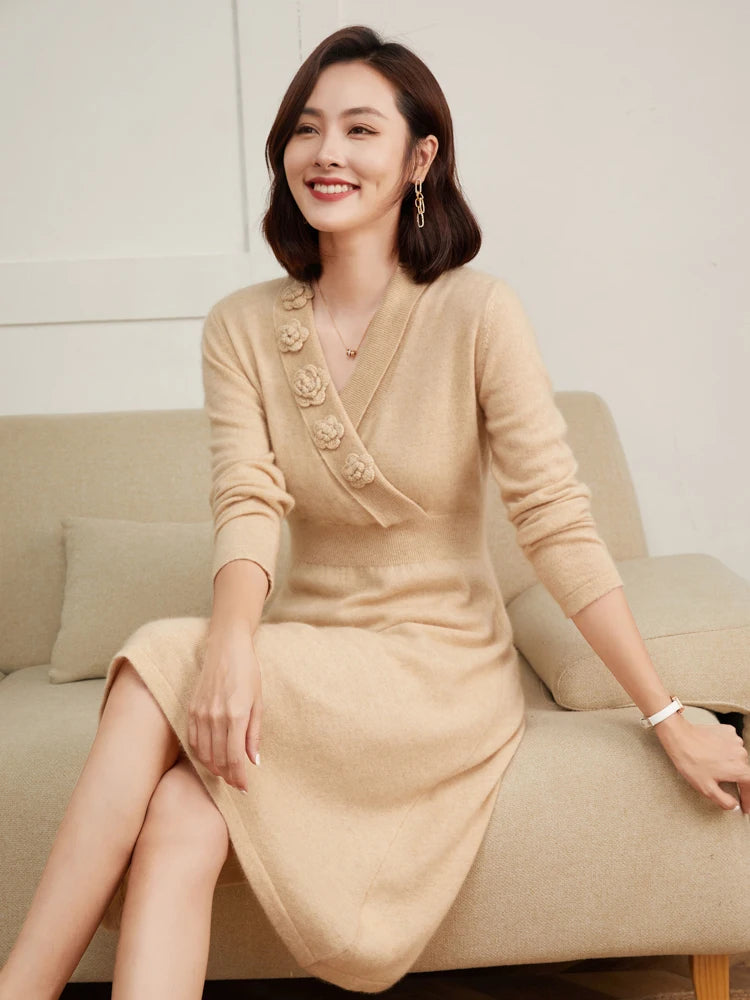 Cashmere V-Neck Knit Dress