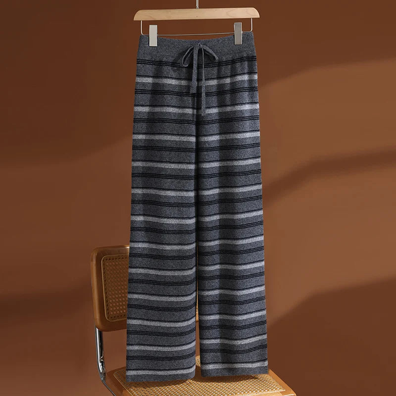 Cashmere Wool Striped Wide-Leg Knit Pants