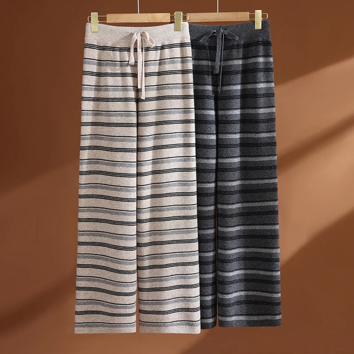Cashmere Wool Striped Wide-Leg Knit Pants