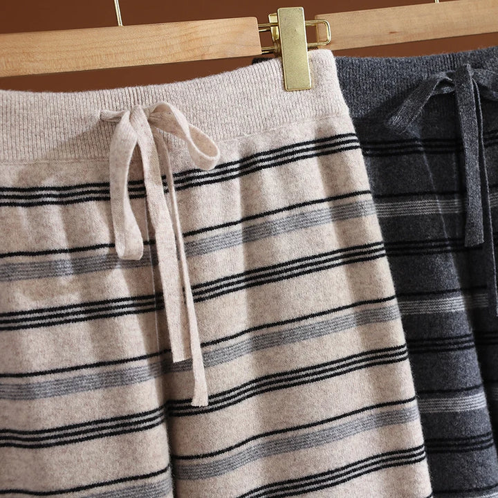 Cashmere Wool Striped Wide-Leg Knit Pants