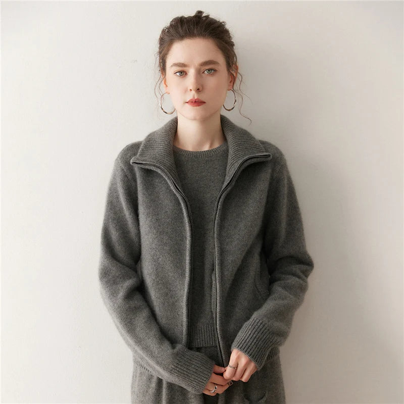  Cashmere Zip Lapel Cardigan