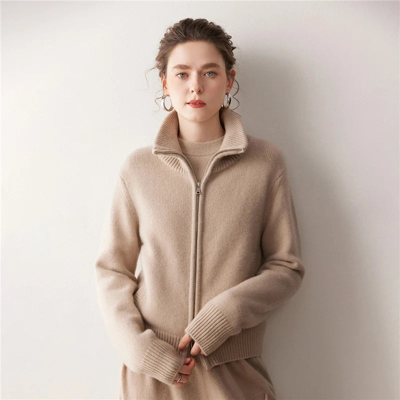  Cashmere Zip Lapel Cardigan