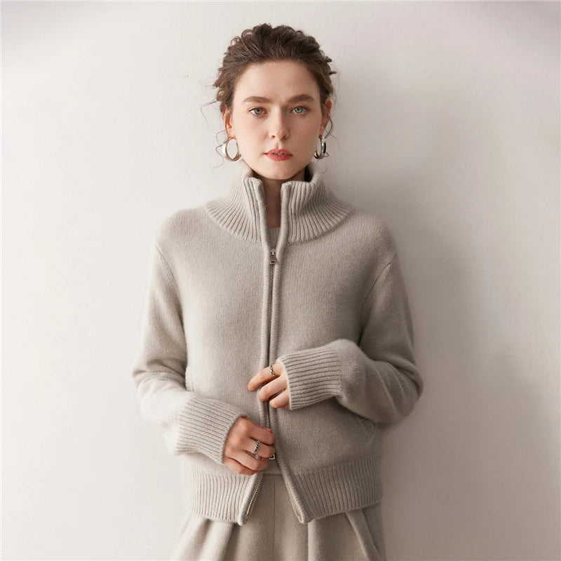 Cashmere Zip Lapel Cardigan