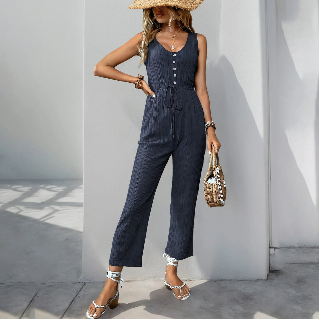  Casual Sleeveless Button Front Jumpsuit