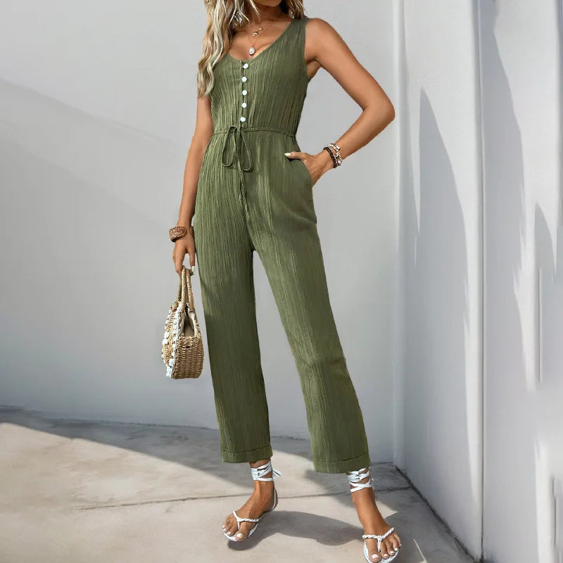  Casual Sleeveless Button Front Jumpsuit