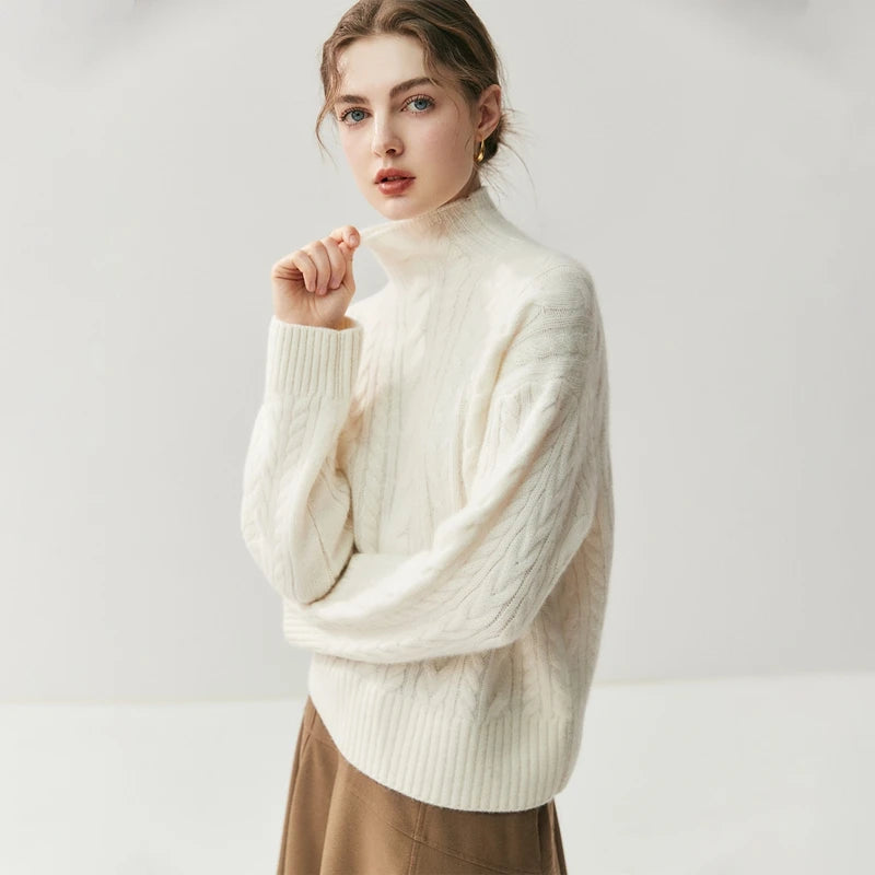 Chic Cable Knit Cashmere Mock Neck Sweater