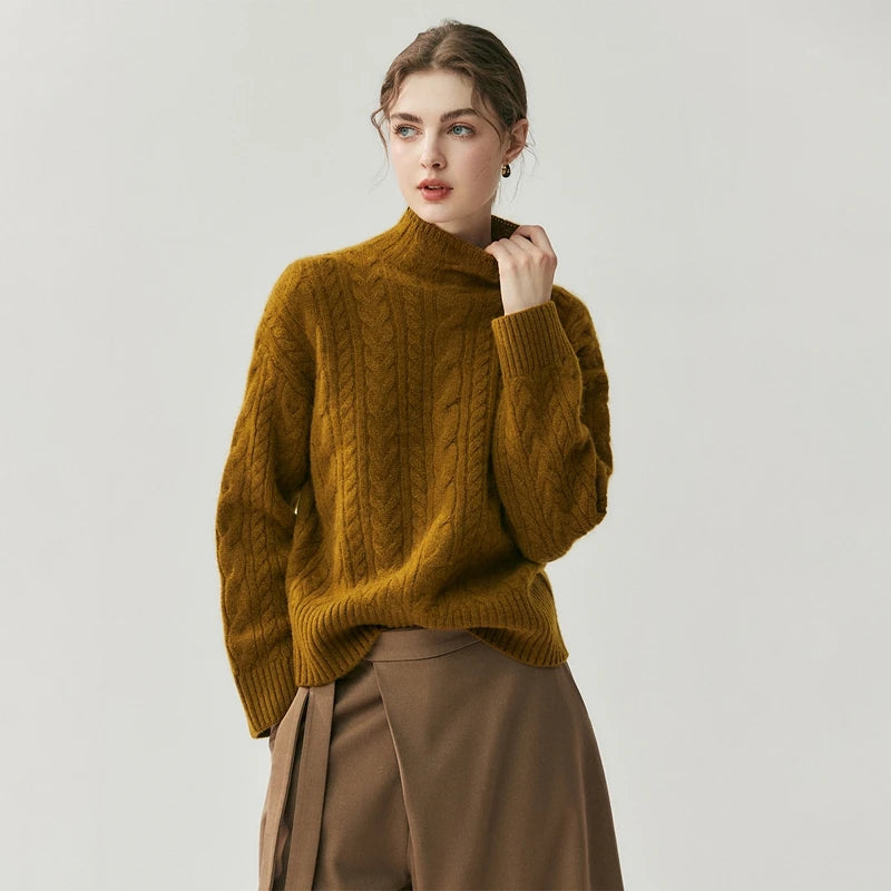 Chic Cable Knit Cashmere Mock Neck Sweater