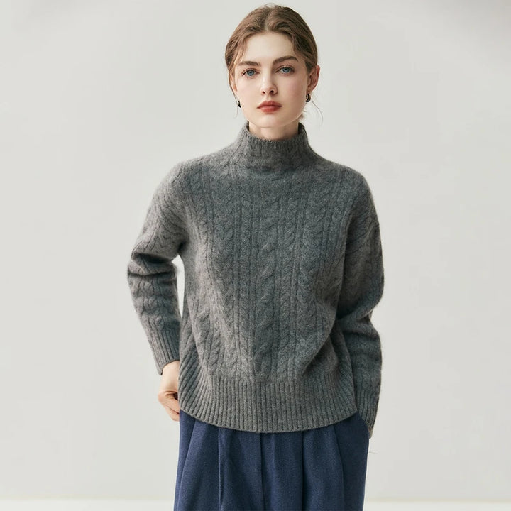 Chic Cable Knit Cashmere Mock Neck Sweater