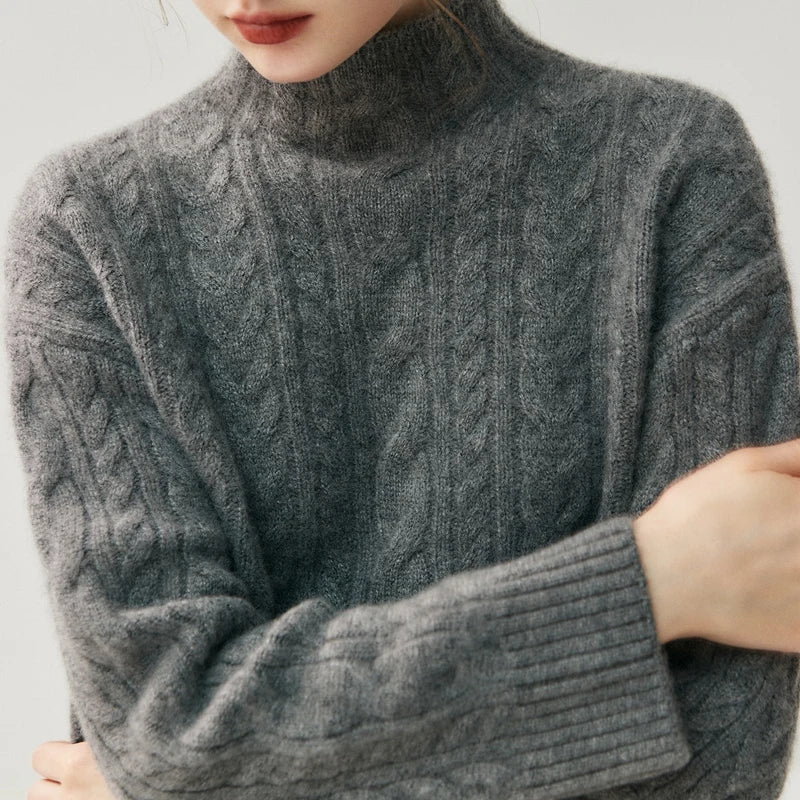 Chic Cable Knit Cashmere Mock Neck Sweater