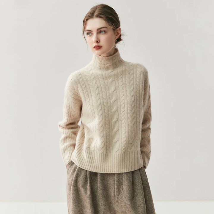 Chic Cable Knit Cashmere Mock Neck Sweater