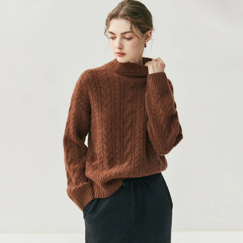Chic Cable Knit Cashmere Mock Neck Sweater