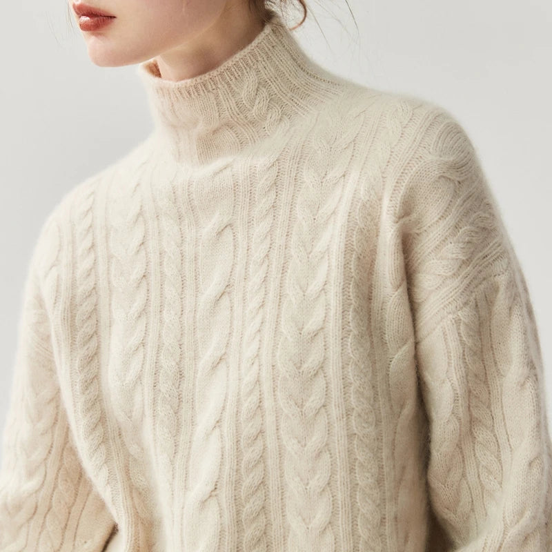 Chic Cable Knit Cashmere Mock Neck Sweater