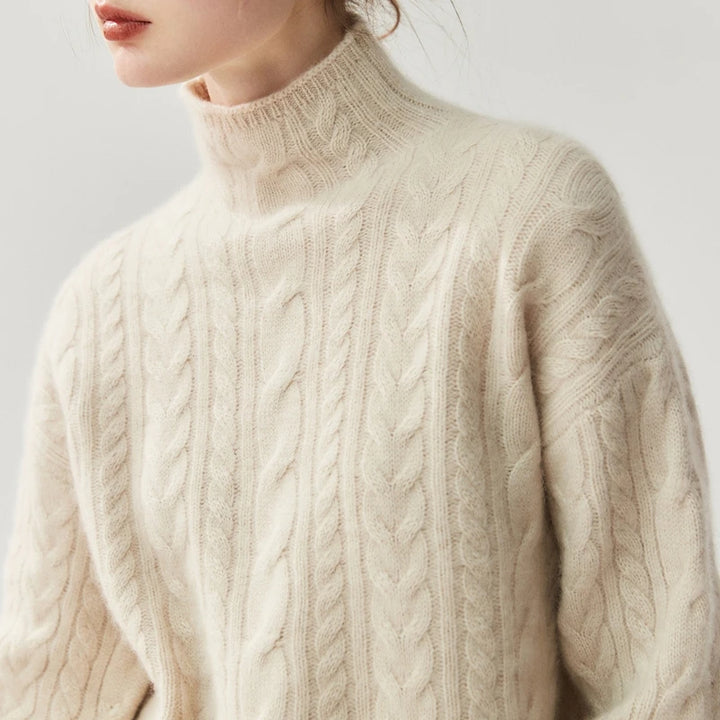 Chic Cable Knit Cashmere Mock Neck Sweater