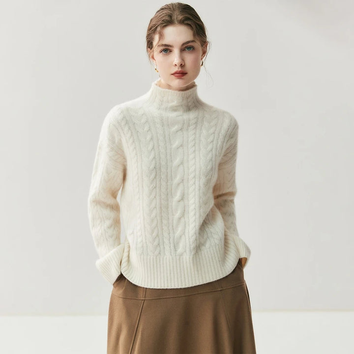 Chic Cable Knit Cashmere Mock Neck Sweater