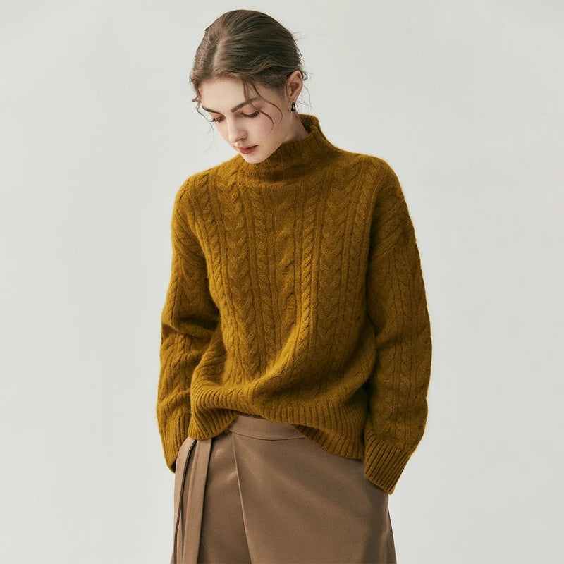 Chic Cable Knit Cashmere Mock Neck Sweater