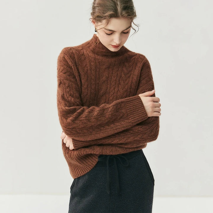 Chic Cable Knit Cashmere Mock Neck Sweater
