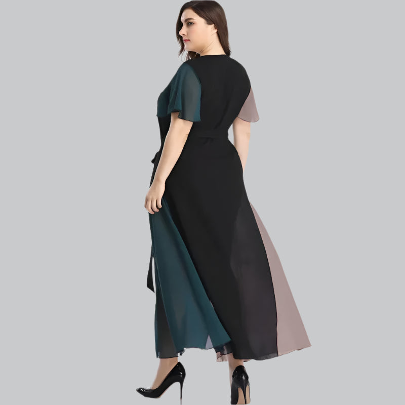 Contrast Chiffon Panel V-Neck Maxi Dress